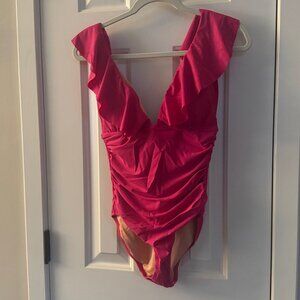 J Crew Womens Hot Pink Plunge Rouched Ruffle One Piece Swimsuit Size 12 BP222